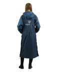 EQUIDRY women's thin fleece long waterproof horse riding coat in steel blue/charcoal back studio shot