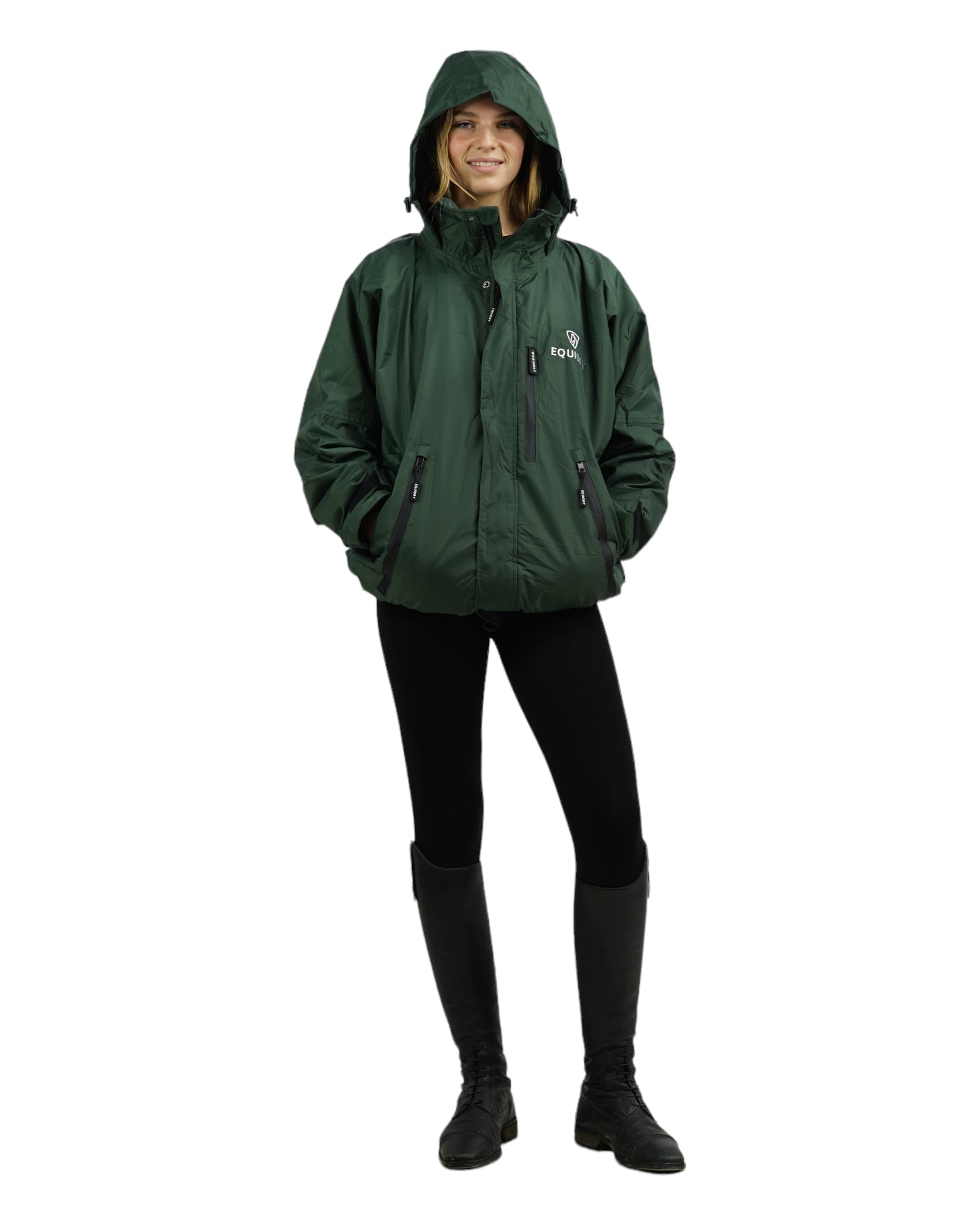 Shortie Child's Oversized Short Waterproof blouson style Riding Jacket Thin Fleece Lining Stowaway Hood in black forest green front view hood up 