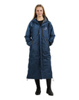 EQUIDRY women's thin fleece long waterproof horse riding coat in steel blue/charcoal studio front 