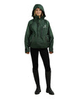 EQUIDRY women's waterproof short blouson style horse riding jacket in black forest green front view studio hood up