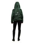 Shortie Child's Oversized Short Waterproof blouson style Riding Jacket Thin Fleece Lining Stowaway Hood in black forest green hood up back view