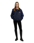 EQUIDRY women's waterproof short blouson style horse riding jacket in navy/raspberry front view studio