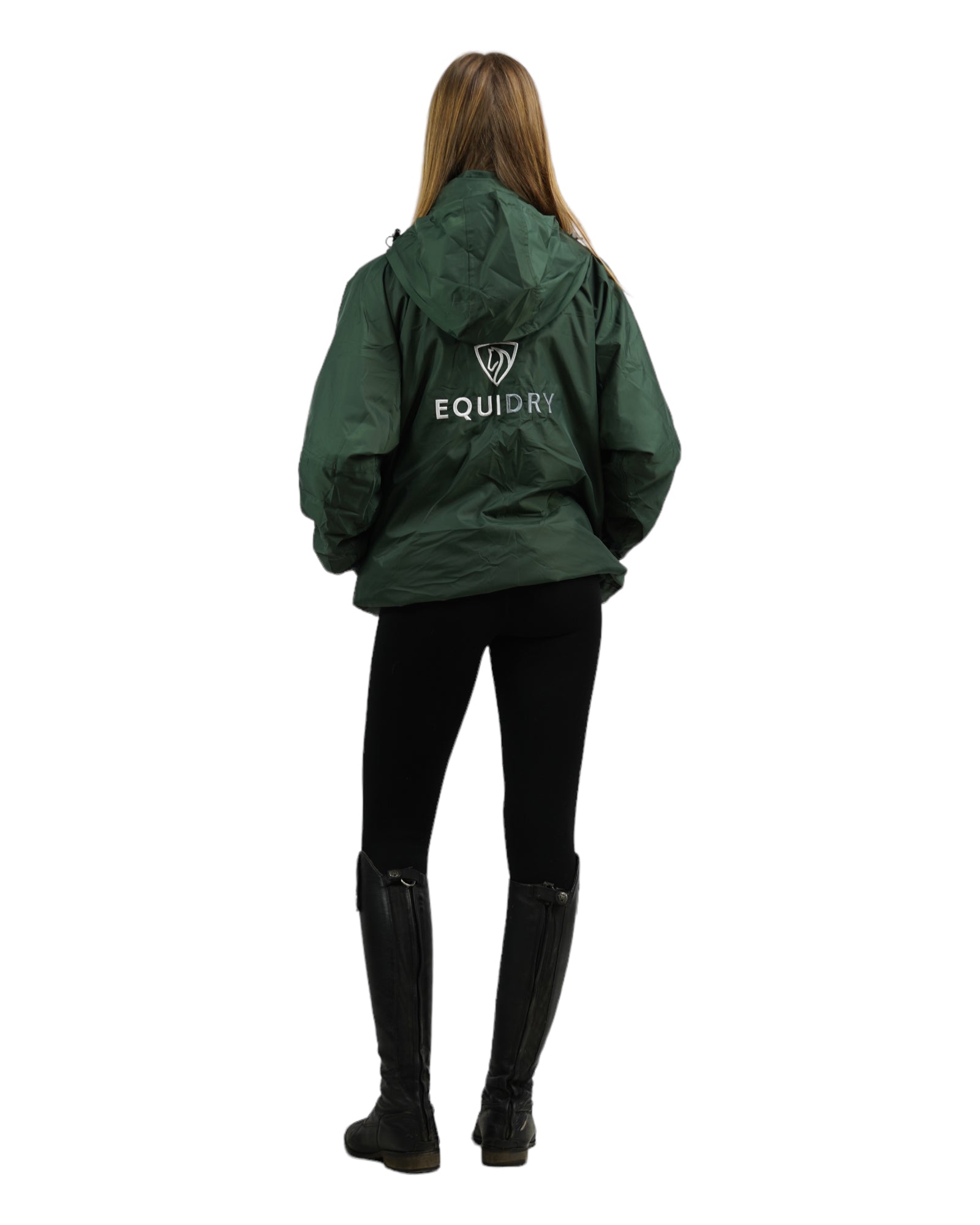 EQUIDRY women&#39;s waterproof short blouson style horse riding jacket in black forest green back view studio 