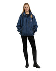 EQUIDRY women's waterproof short blouson style horse riding jacket in steel blue studio front view