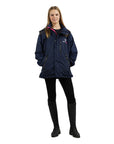 EQUIDRY women's waterproof short blouson style horse riding jacket in navy/raspberry front view studio