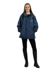 EQUIDRY women's waterproof short blouson style horse riding jacket in steel blue front view studio shot