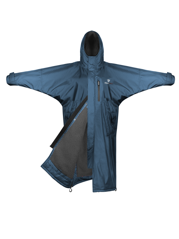 EQUIDRY men's long waterproof horse riding coat in steel Blue/Charcoal