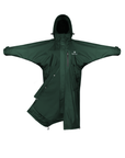 EQUIDRY women's thin fleece stowaway hood long waterproof horse riding coat in black forest green/green