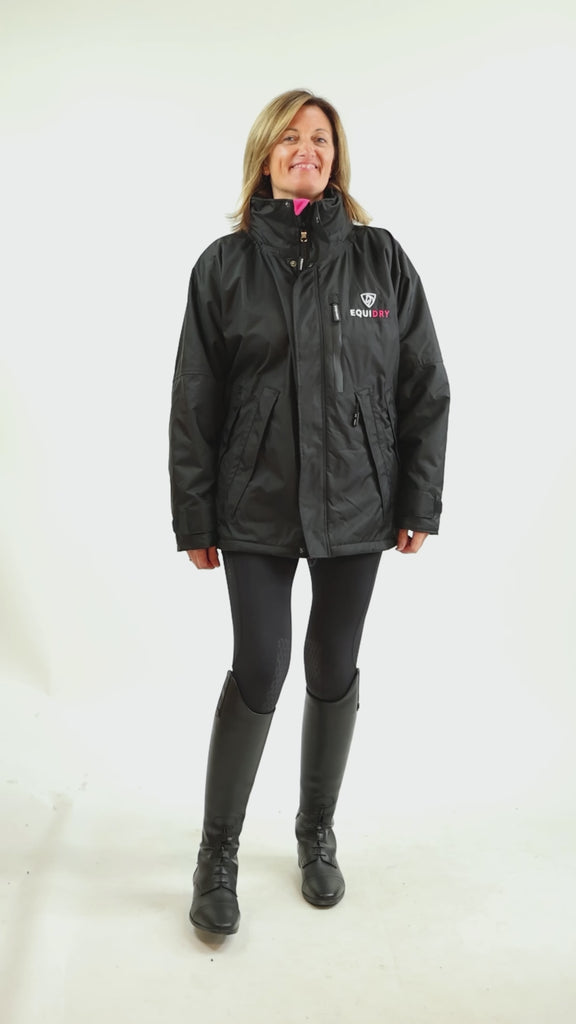 EQUIDRY women's waterproof short blouson style horse riding jacket in black/peacock pink studio video