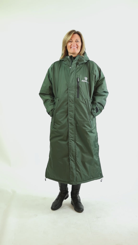 Evolution Women's Warm Waterproof Long Horse Riding Coat Thick Fleece Lining Cosy Fleece Lined Hood in black forest green catwalk video 