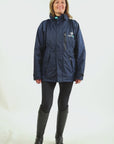 EQUIDRY women's waterproof short blouson style horse riding jacket in navy/turquoise studio video