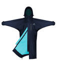 EQUIDRY women's thin fleece stowaway hood long waterproof horse riding coat in navy/turquoise