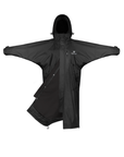 EQUIDRY women's thin fleece stowaway hood long waterproof horse riding coat in black/black