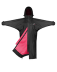 EQUIDRY women's thin fleece stowaway hood long waterproof horse riding coat in black/peacock pink