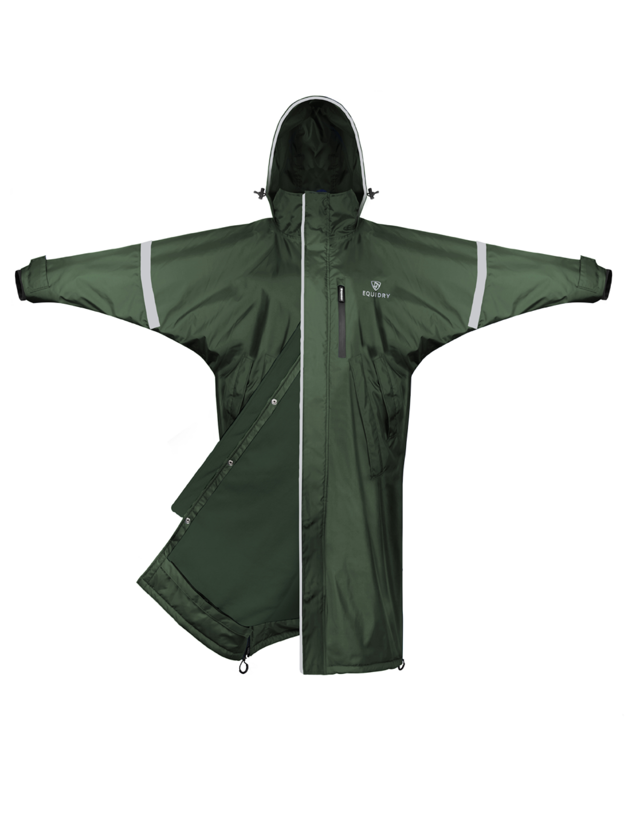 EQUIDRY waterproof horse riding raincoat thin fleece pro ride reflective black forest green